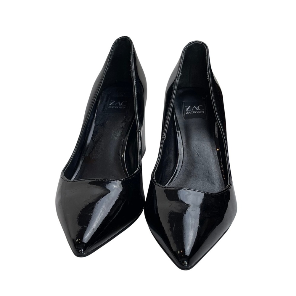 ZAC Zac Posen Black Patent Pointed Toe Block Heel Pumps Size 8.5M